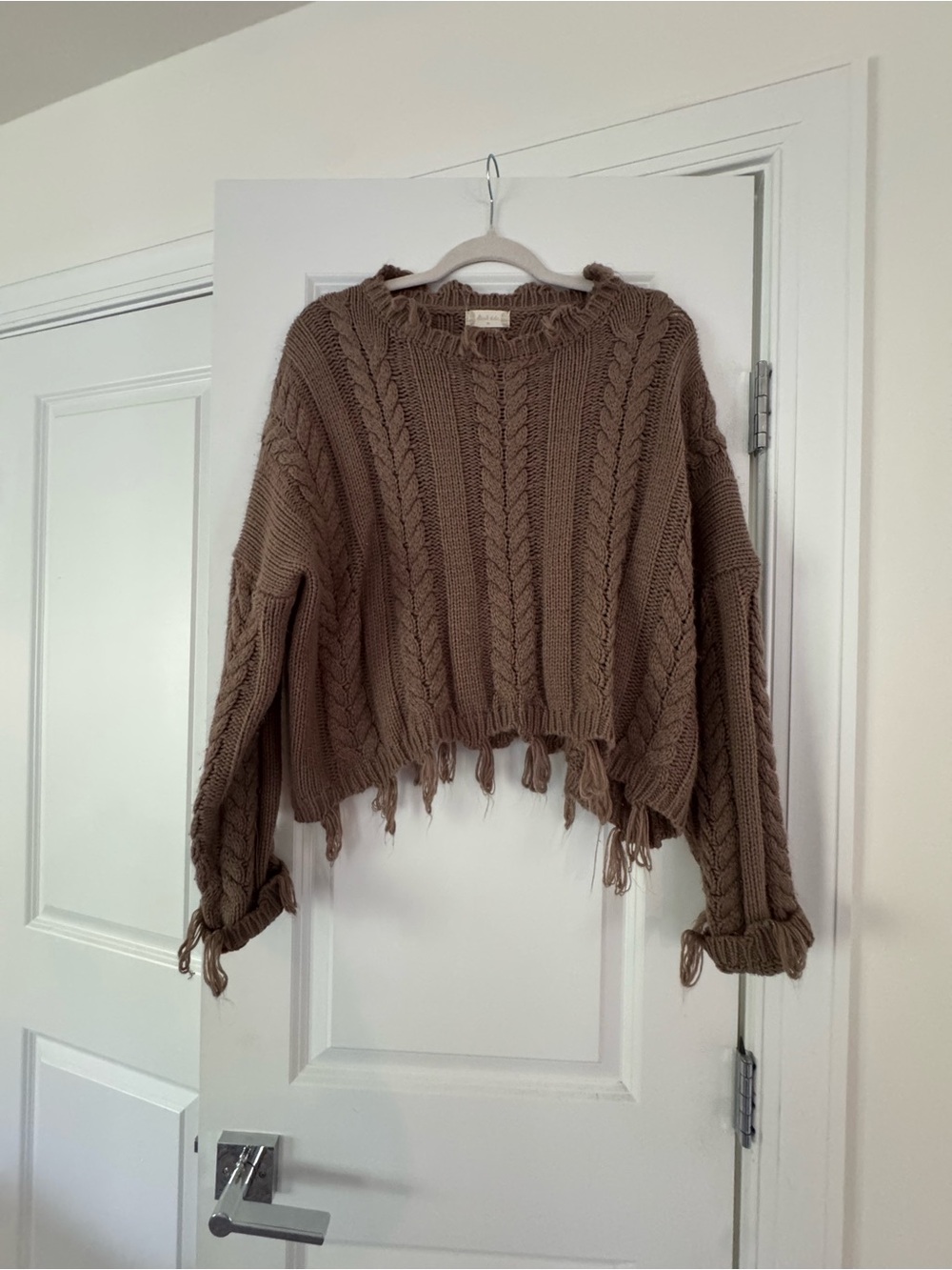 Altar'd State Taupe Distressed Cable-Knit Cropped Sweater